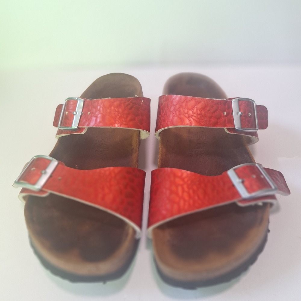 Birkis Birkenstock Red Metallic Embossed Two Strap Slide Sandals Womens 38 L7 M5